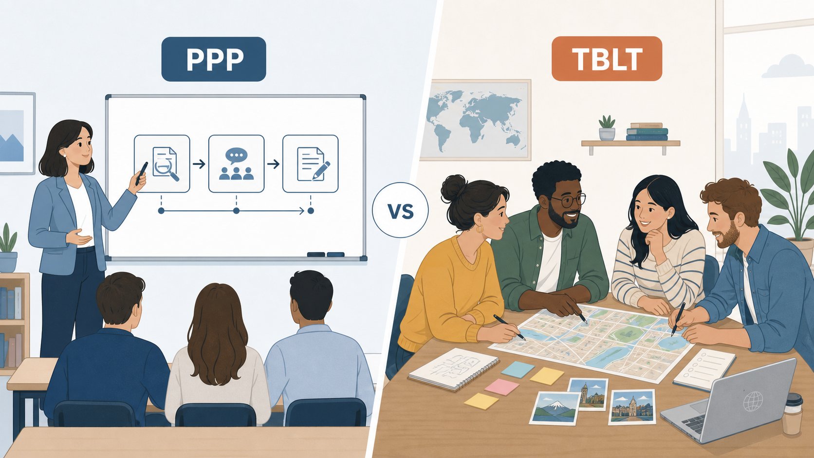 two classrooms, one PPP with a woman presenting and a second like a discussion