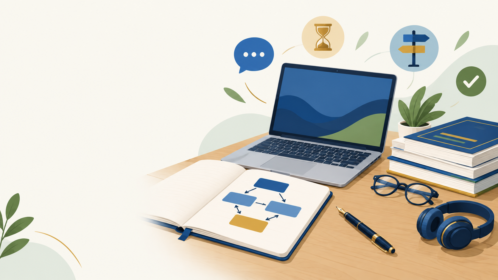 Academic Writing course: a desk with a notebook showing an argument diagram, laptop, pen, journal articles and headphones