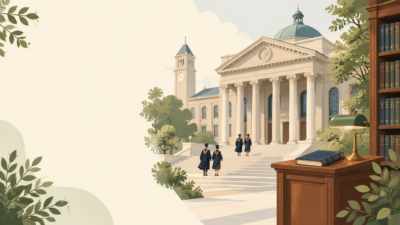 Illustration of a formal university building with stone columns and steps, with scholars in academic gowns walking at a calm distance, representing scholarly distance and objectivity