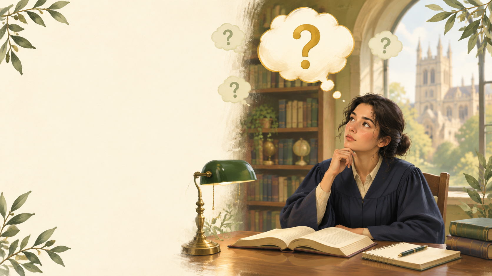 Illustration of a scholar in an academic gown sitting at a desk with a book and lamp, with a thought bubble containing a question mark above their head, representing hedging and caution about uncertain claims