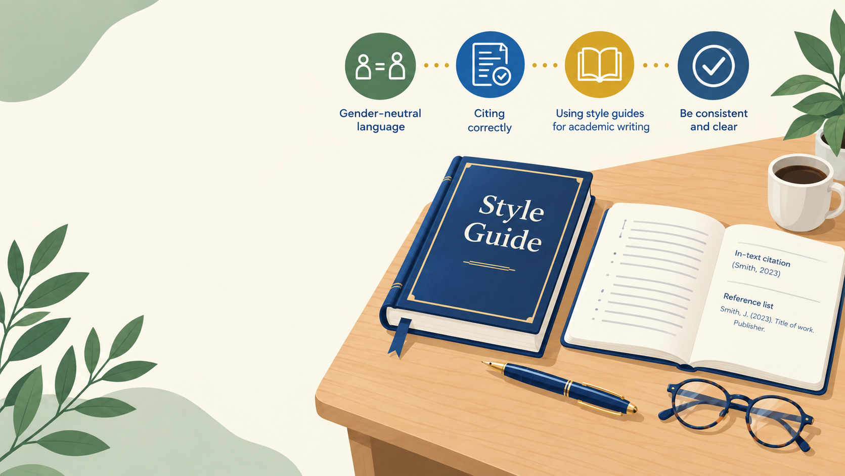 Illustration of a writer's desk with a navy hardcover book titled Style Guide, an open manuscript with citation numbers, a fountain pen and glasses, representing the style guides and standards that academic writers consult
