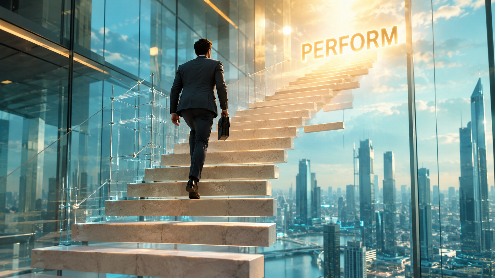 A cinematic futuristic photograph with surreal elements, 16:9. An adult professional climbs a floating pale stone staircase through a luminous glass interior, seen from behind and slightly below. The stairs rise toward a glowing destination that is not a teacher: the word PERFORM, suspended in warm gold light at the top. A few steps hover unsupported, with faint translucent scaffolding beside the climber and a cool teal city visible beyond the glass. Photorealistic, elegant, no other text or logos.